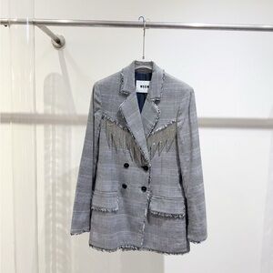 Authentic MSGM Double-Breasted Gray Fringed Blazer